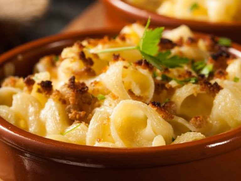 Side dishes of baked macaroni and cheese