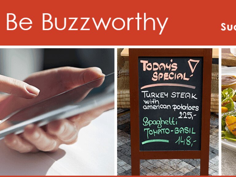 Be Buzzworthy Bonus 2: Woman on smartphone; sidewalk menu with specials; fresh seasonal salad