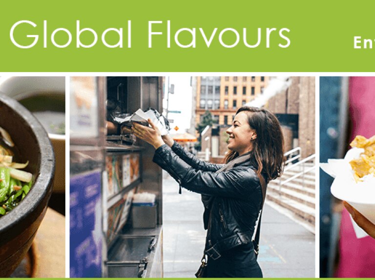 Global Flavours Mix Bonus 3: Bowl of bibimbap; woman at sidewalk food cart; street food in take-out container