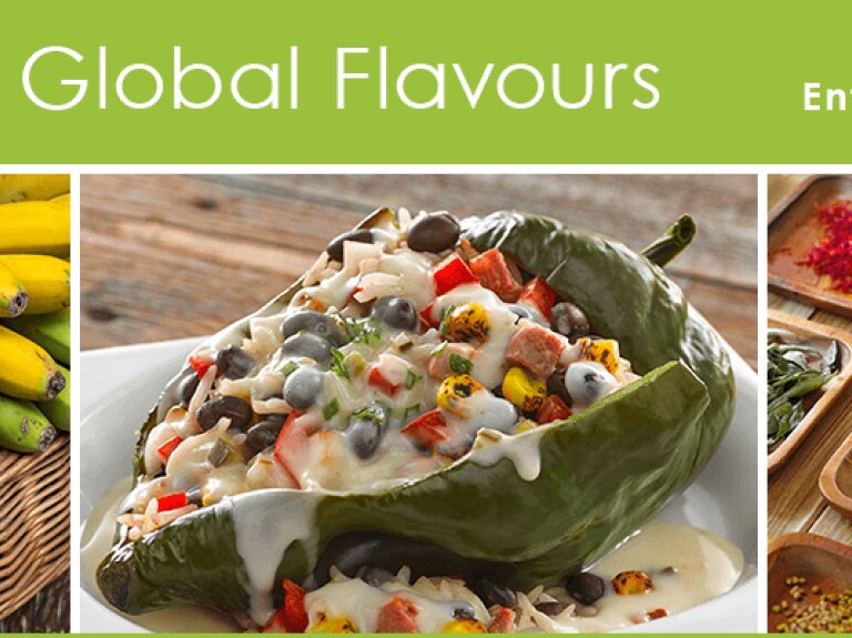Global Flavours Mix Bonus 4: Fresh fruits at market; cheesy stuffed poblano pepper; assorted spices in wooden trays
