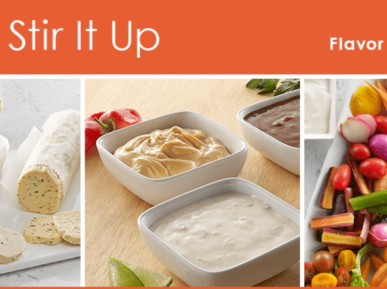Stir It Up Mix Bonus 2: Assorted flavored butters; bowls with sauces and aioli; bowls with dressing, vinaigrette, and dip