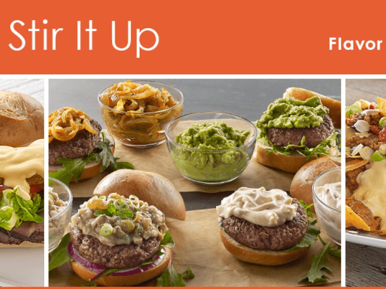 Stir It Up Mix Bonus 4: Plate with Brazilian roast beef sandwich; bowls and burgers with chutney, onions, and spreads; plate
