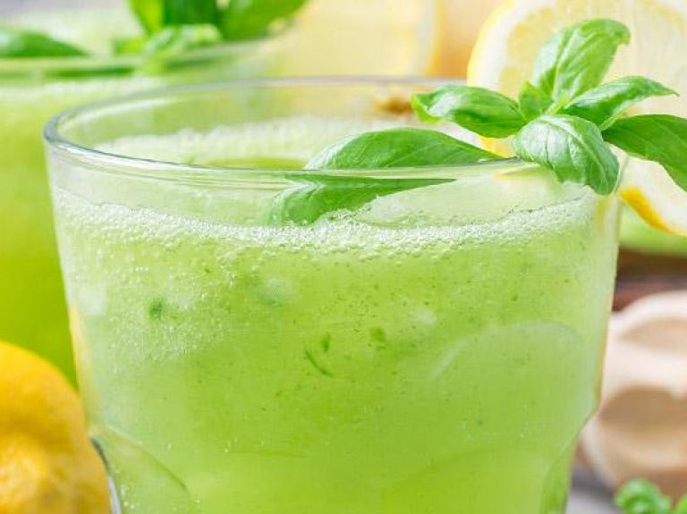 Lemonade with cucumber, basil, and sparkling water