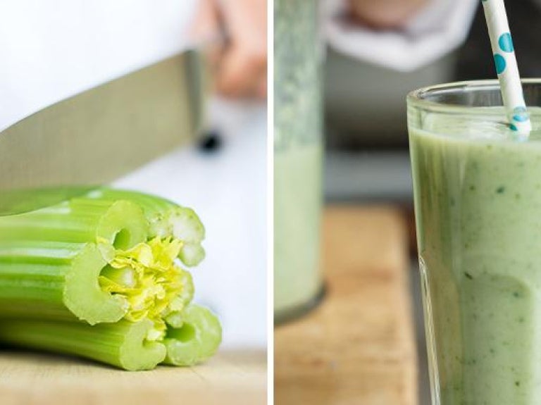 Chef chopping celery; glass with fresh green smoothie
