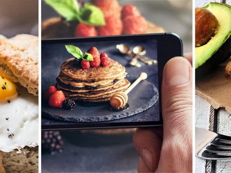 Chicken and eggs on biscuit; smartphone photo of buckwheat pancakes; avocado toast with egg whites