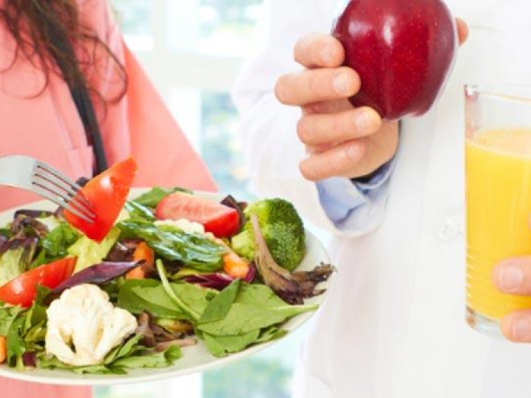Healthcare workers with healthy food choices
