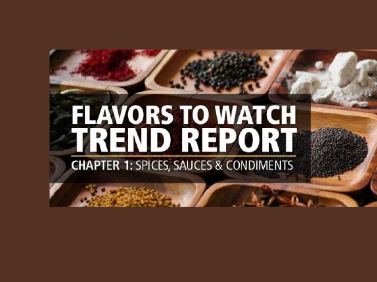 Text says: Flavors to Watch, with various spices in dishes in the background