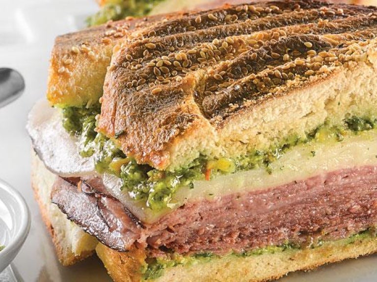 Muffaletta sandwich cut in half