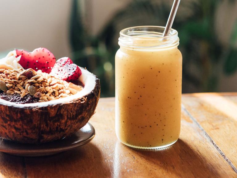 Coconut fruit bowl with beverage