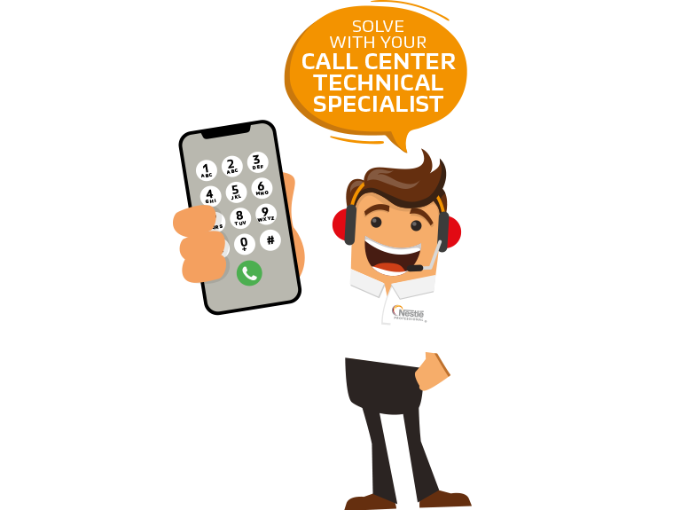 Technician with a cell phone and thought bubble saying "solve with your call center technical specialist."