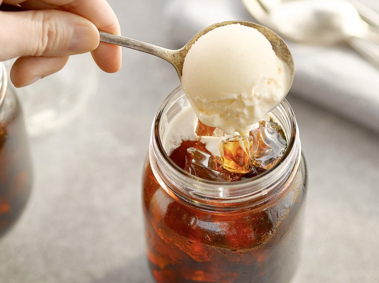 Iced coffee with ice cream scoop on top