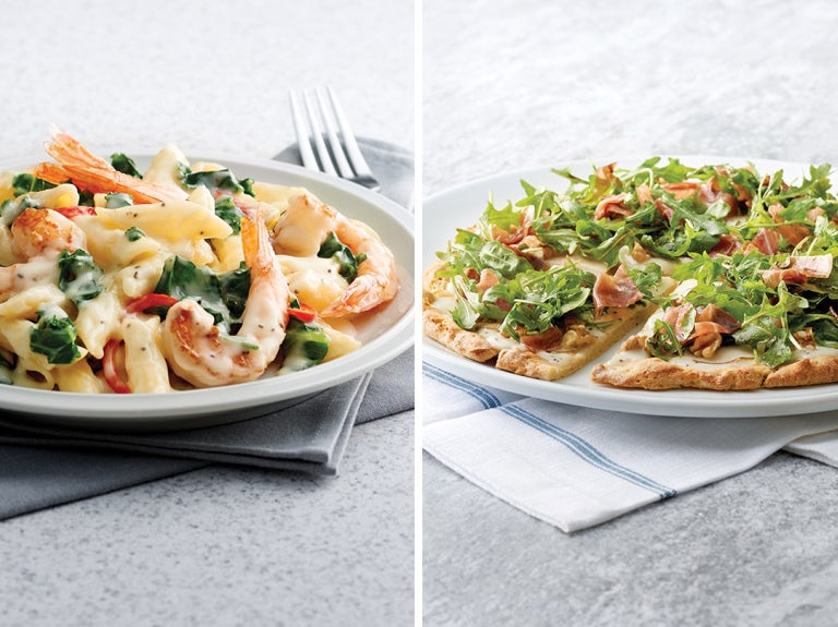 Side by side image of shrimp dish and pizza