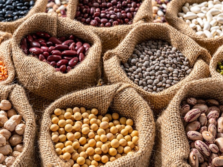 various beans in burlap sacks