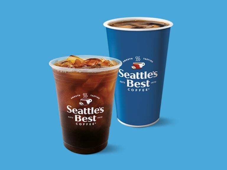 seattle's best coffee iced and hot with blue background