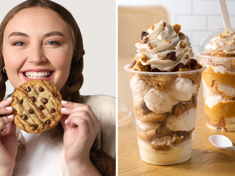 woman biting into a cookie and two dessert drinks
