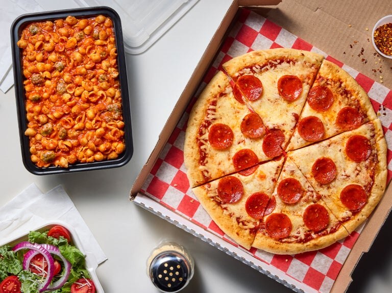pizza in a box salad and pasta