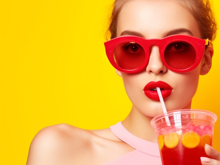 Nestle Vitality woman sipping flavored juice drink