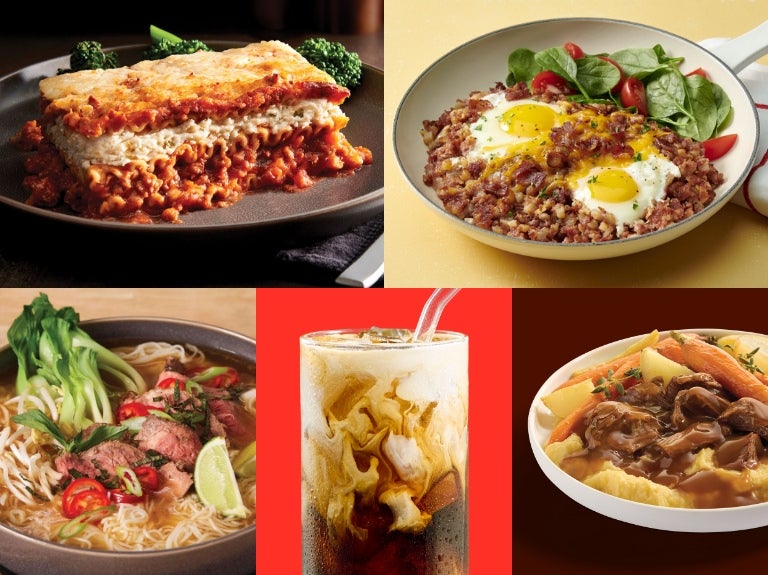 Collage of lasagna, egg hash, noodle soup, iced coffee, and mashed potatoes with gravy.