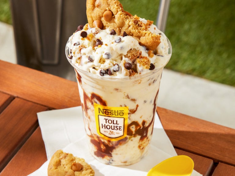 Vanilla soft-serve ice cream with mini semi-sweet morsels and peanut butter cookie crumbles.