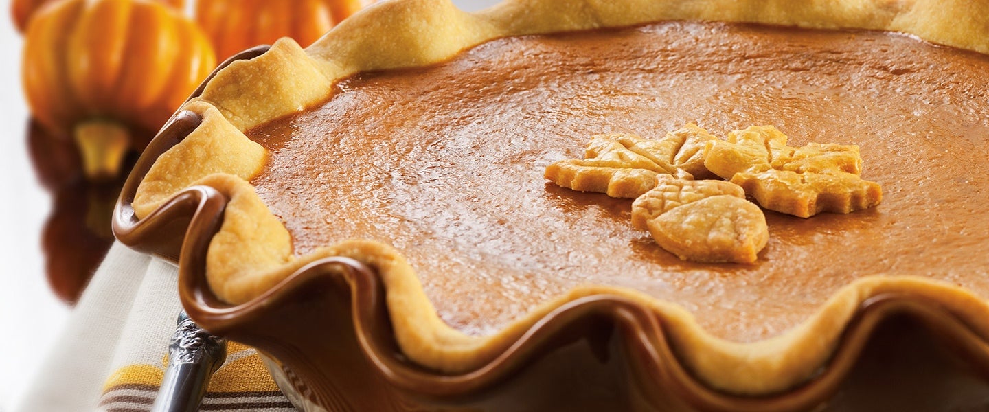 Libby's pumpkin pie in pie plate on table