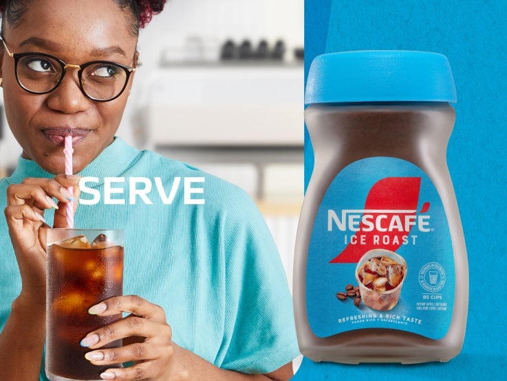 Nescafe ice roast jar with woman sipping coffee through straw