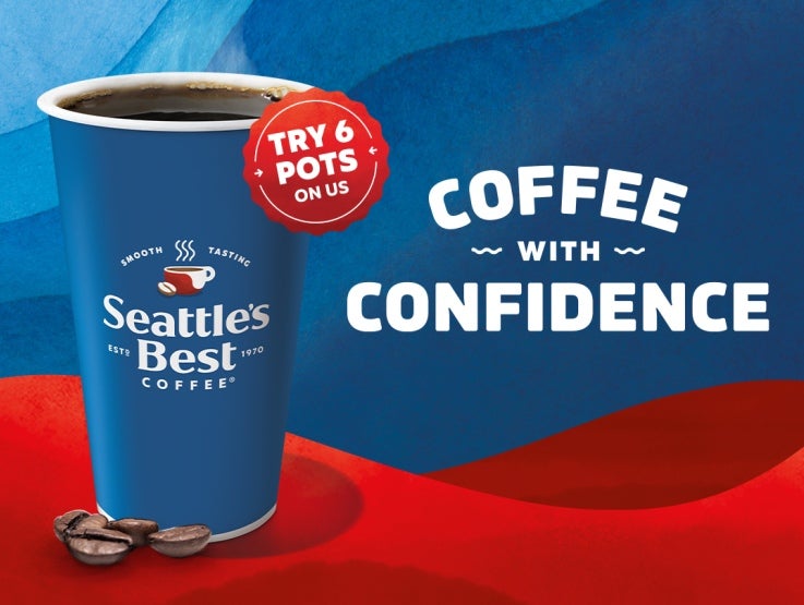 Seattle's Best Coffee with Confidence cup of coffee with blue and red