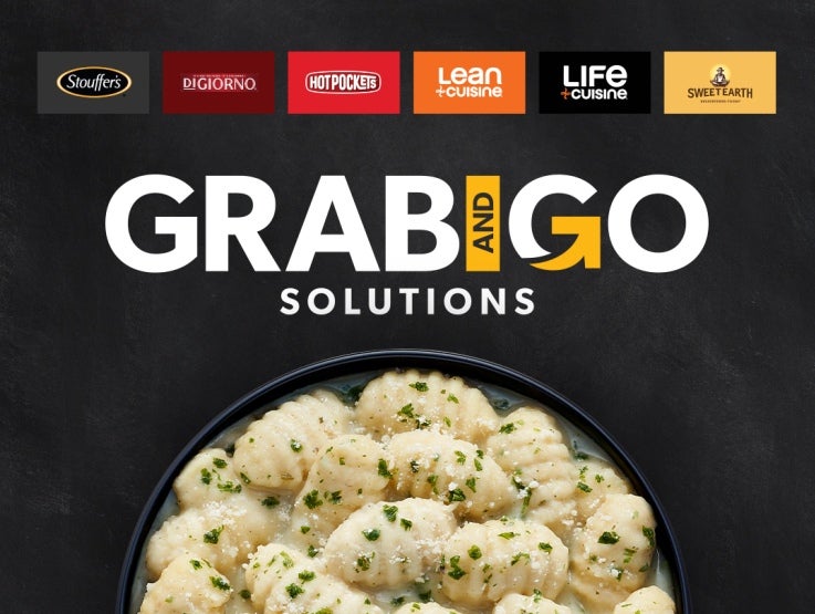 A dark background image with Nestle Professional Grab and Go Solutions Sign, Six Food Brands and a Life Cuisine Pesto Caulifl