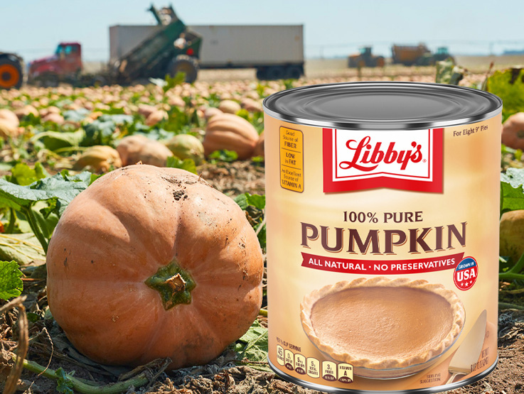 Libby's pumpkin can with pumpkin in the field