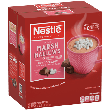 Close up image of the red box with steaming cup of cocoa with marshmallows in it