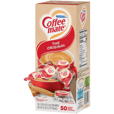 Picture of Coffee mate tubs in the box, partially opened