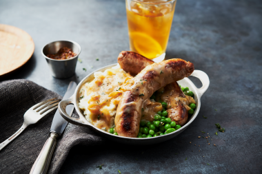 Trio Chicken Gravy Bangers and Mash Plated