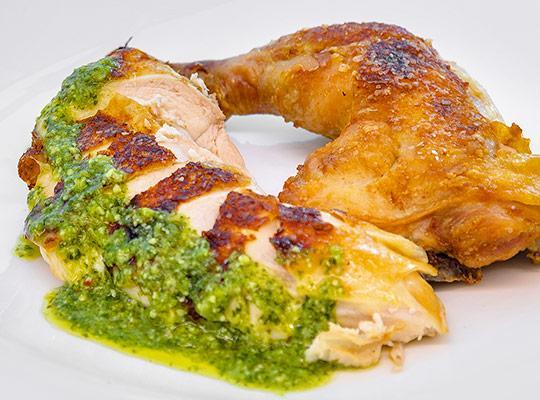 Brick Style Chicken with Za'atar Infused Basil Pesto and Pickles