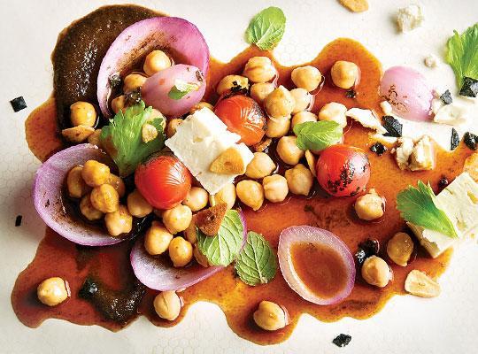 Braised Chickpeas, Charred Tomatoes, Mint and Feta