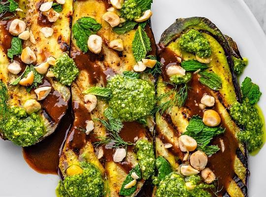 Eggplant Steaks with Pesto Yogurt