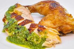Brick Style Chicken with Za'atar Infused Basil Pesto and Pickles