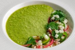 Tomatillo, cucumber, and honeydew gazpacho with crab salad