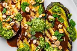 Eggplant Steaks with Pesto Yogurt