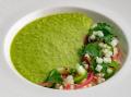 Tomatillo, cucumber, and honeydew gazpacho with crab salad