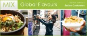 Global Flavours Mix Bonus 3: Bowl of bibimbap; woman at sidewalk food cart; street food in take-out container