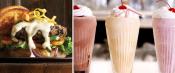 Signature cheeseburger; three shakes in glasses