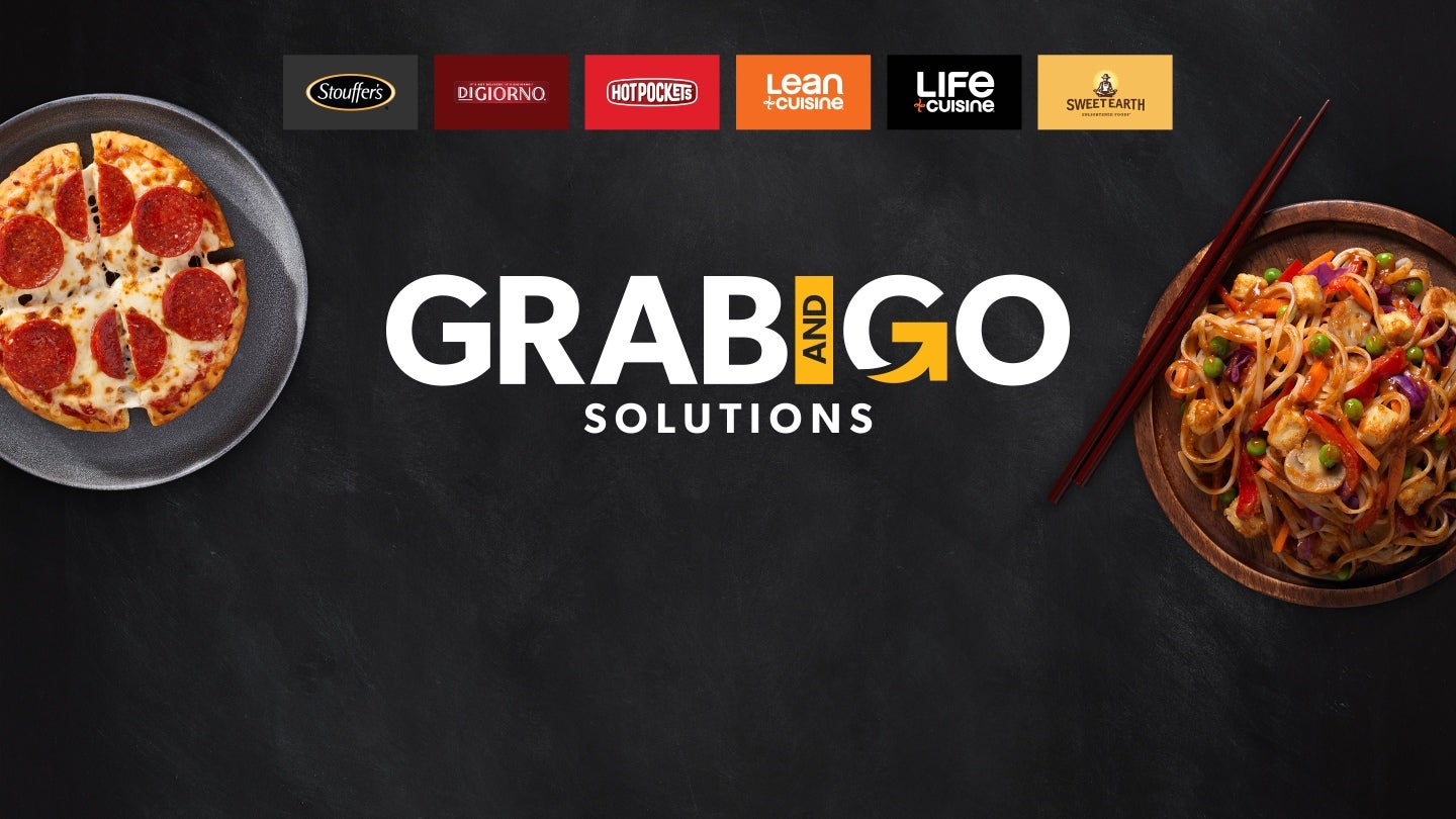 A dark background image of Nestle Professional Grab and Go Solutions Page. Along with relevant six Grab and Go brand logos