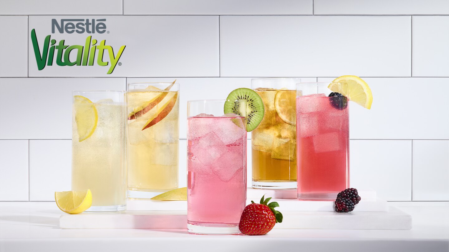Nestle Vitality five juice beverages in glasses
